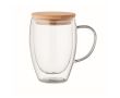 Mug à anse en verre double paroi, couvercle en bambou 300 ml couleur transparent