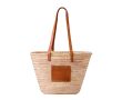 Sac en paille chic à longues anses et patch en similicuir couleur marron clair