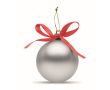 Boule de Noël à suspendre avec ruban, présentée dans une boîte cadeau couleur argenté