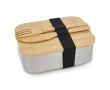Boîte repas en inox avec couvercle en bambou, couverts et élastique couleur argenté