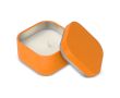 Bougie en cire végétale avec parfum vanille dans un pot en métal carré couleur orange