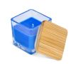 Bougie en cire végétale dans un pot en verre avec couvercle en bambou couleur bleu