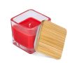 Bougie en cire végétale dans un pot en verre avec couvercle en bambou couleur rouge