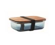 Lunch box en verre avec couvercle bois et fermeture élastique couleur bleu transparent