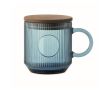 Tasse originale en verre strié avec couvercle en bois d'acacia 300 ml couleur bleu transparent