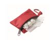 Trousse de premiers secours compacte en pochette RPET avec mousqueton en aluminium couleur rouge