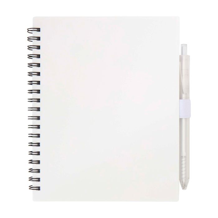 Carnet en plastique recyclé avec stylo et support, encre bleue