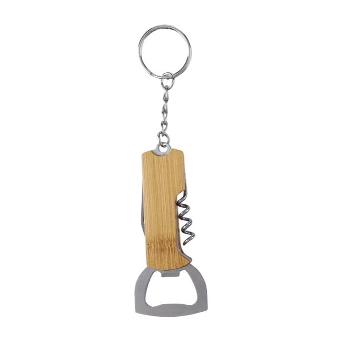 Porte-clés en bambou avec décapsuleur, couteau et tire-bouchon