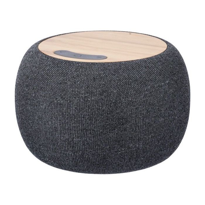 Petit haut-parleur rond avec des détails en bambou sur le dessus