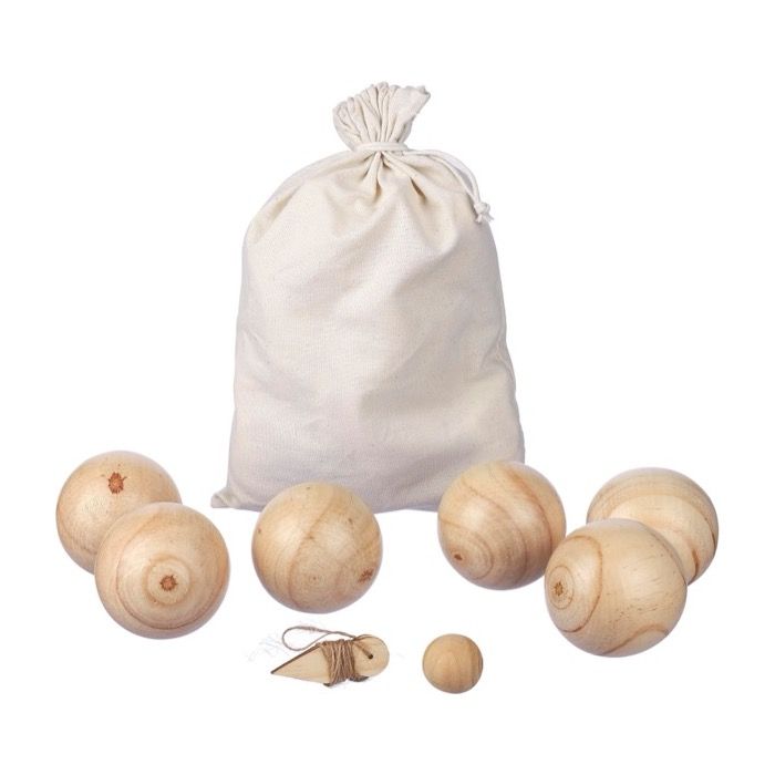Jeu de pétanque avec boules en bois dans sac en coton