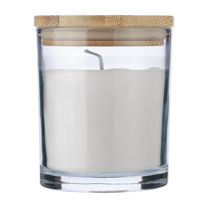 Bougie parfum vanille dans bocal en verre avec couvercle bambou