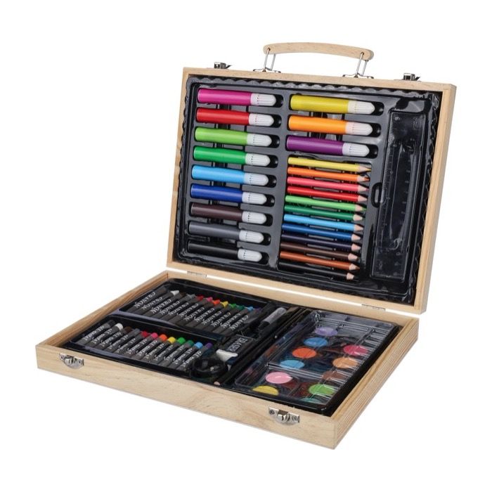 Coffret en bois avec poignée de transport et 66 pièces à colorier