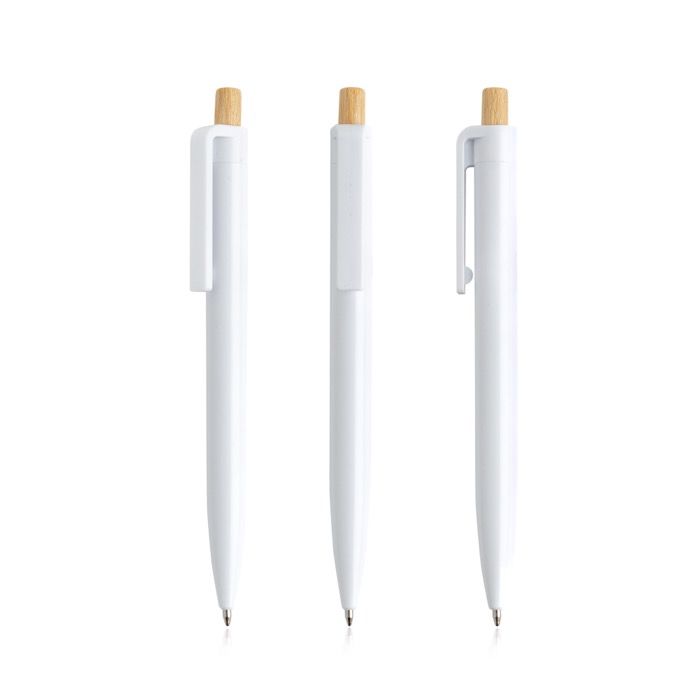 Stylo en plastique recyclé avec bouton en bambou à encre bleue