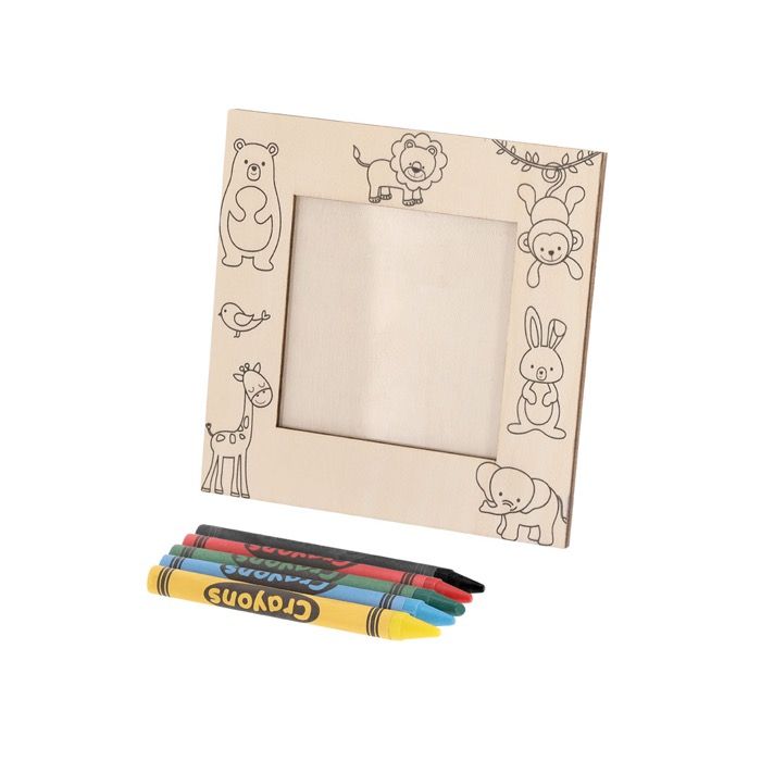 Cadre photo en bois avec dessins d’animaux à colorier et des crayons