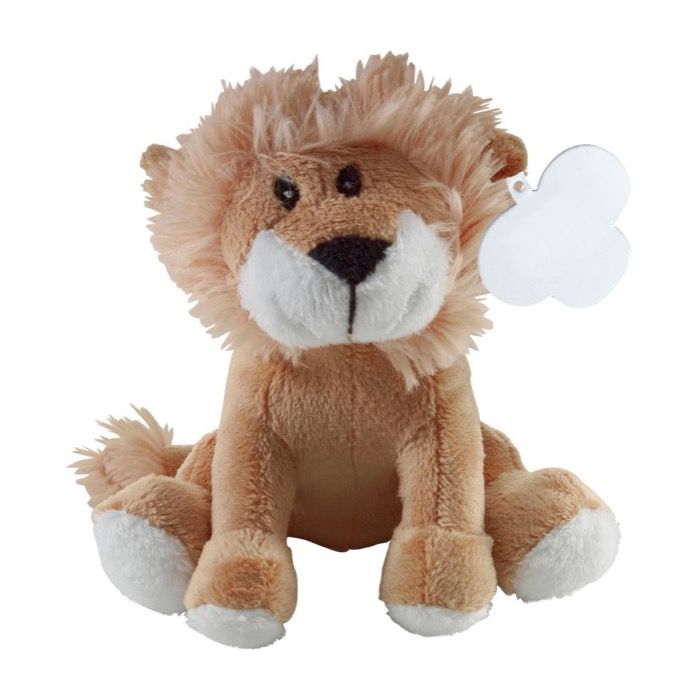 Peluche en forme de lion assis avec étiquette personnalisable