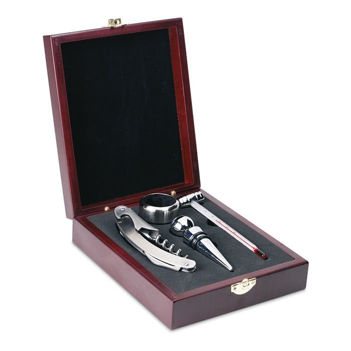Set à vin sérigraphié dans une boîte en bois couleur  argenté