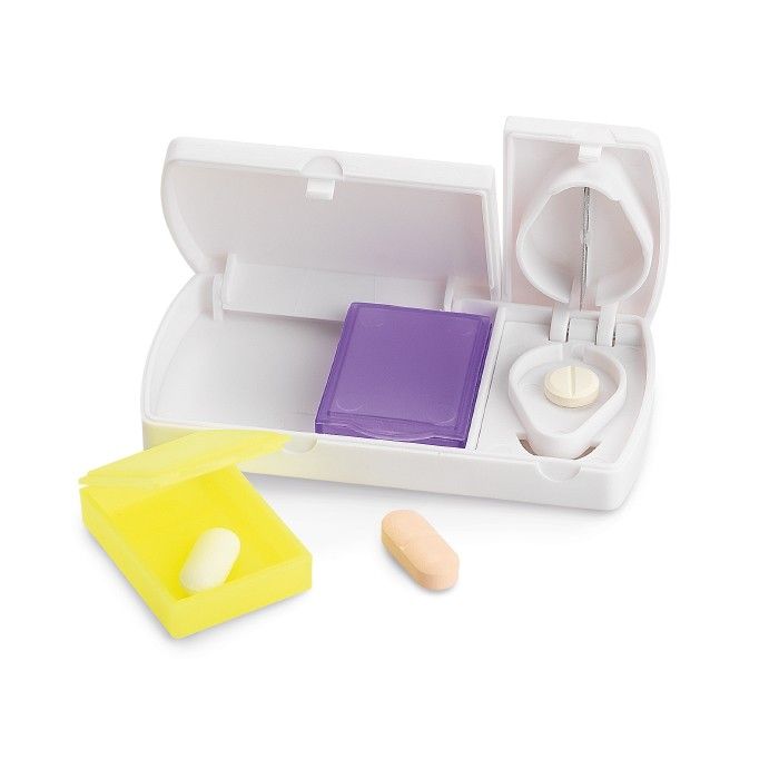 Pilulier avec coupe-comprimé intégré avec zone d'impression