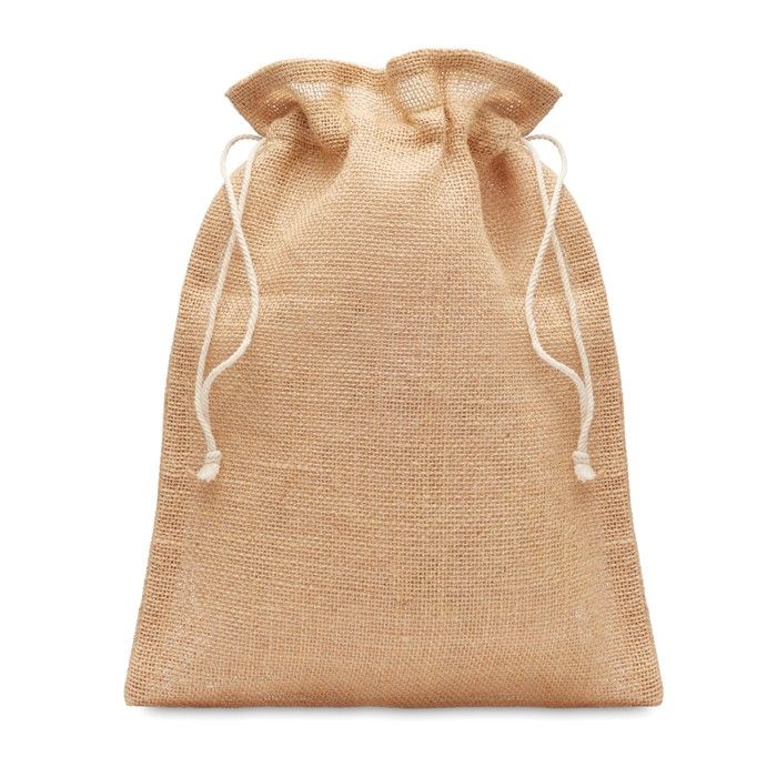 Petit sac cadeau en jute pour les magasins vue avec zone d'impression