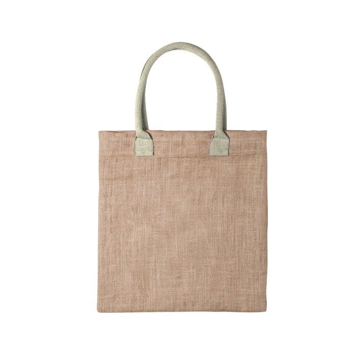 Tote bag en jute avec anses colorés vue avec zone d'impression