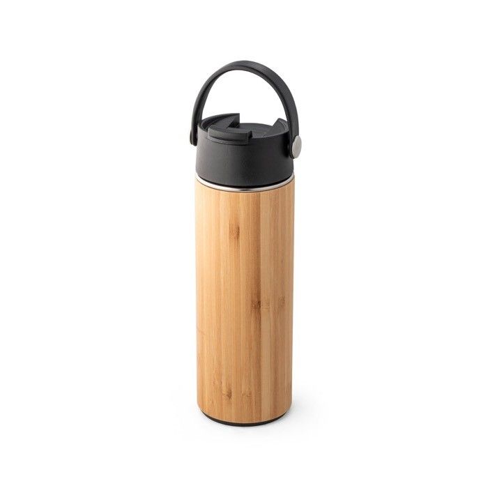 Bouteille thermos en bambou et en acier couleur noir avec zone d'impression