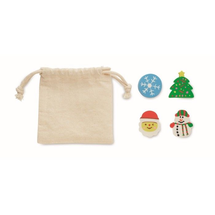 Lot de 4 gommes de Noël avec sac en coton personnalisable avec logo