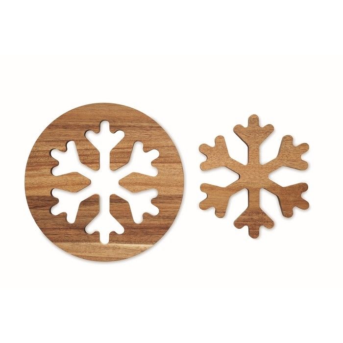 Set de 2 sets de table en bois d'acacia en forme de flocon de neige vue avec zone d'impression