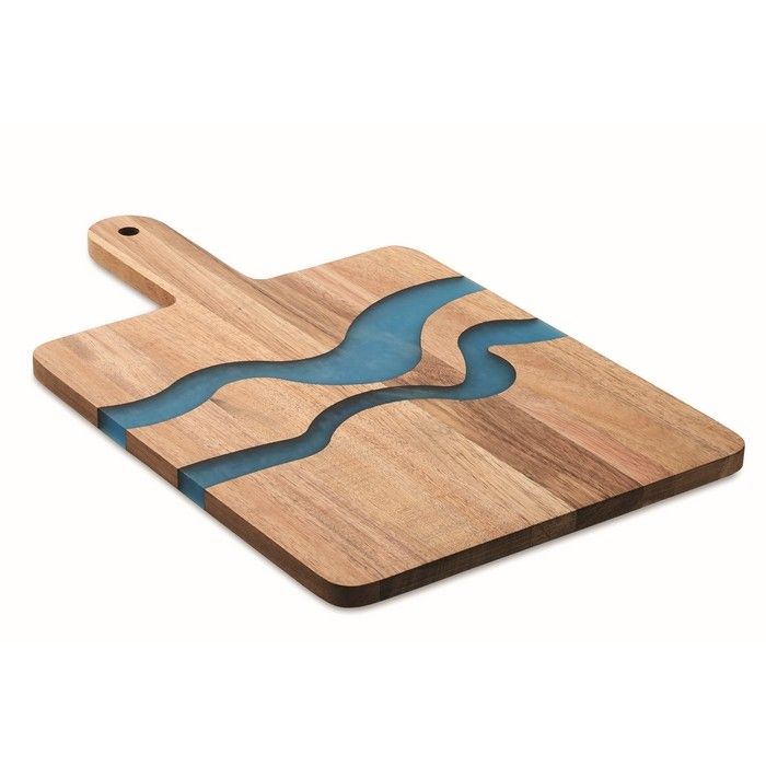 Planche de service en bois d'acacia avec détails en résine époxy bleue vue avec zone d'impression
