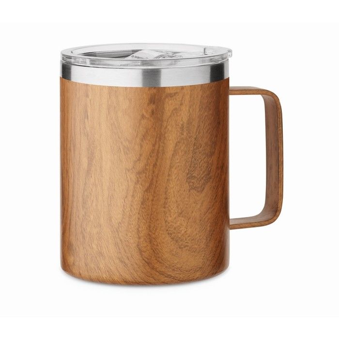 Mug double paroi en acier recyclé avec couvercle et aspect bois 300ml