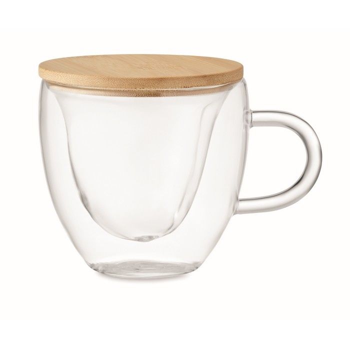 Mug en verre double paroi en forme de cœur avec couvercle bambou 180ml
