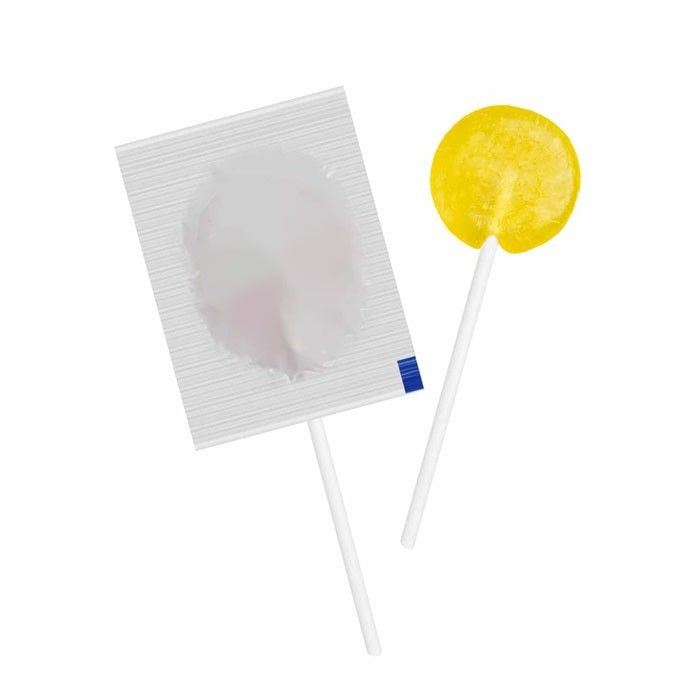 Mini sucette aux saveurs fruitées avec un emballage couleur citron vue principale