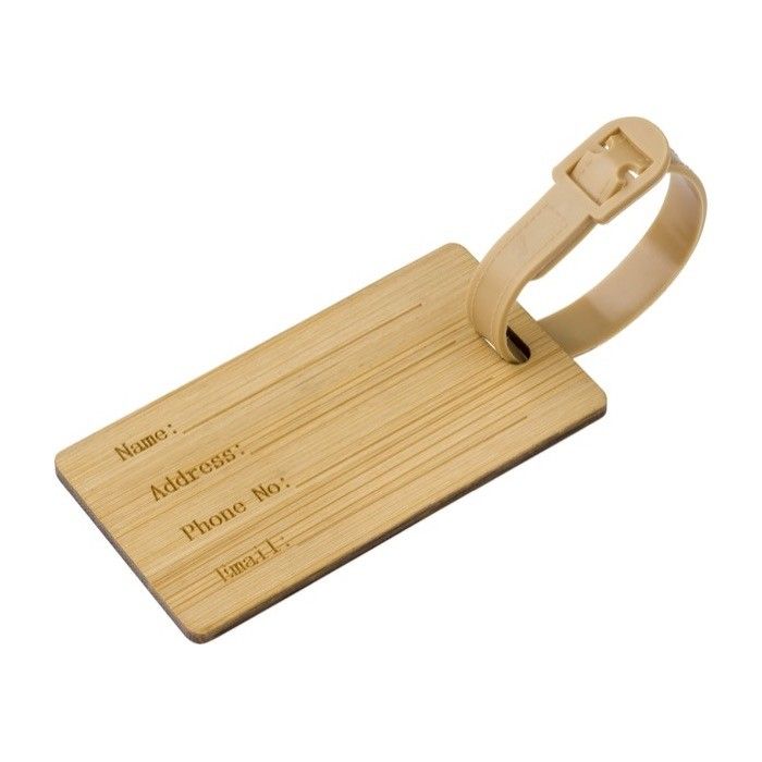 Porte-étiquette de valise en bambou avec sangle en plastique