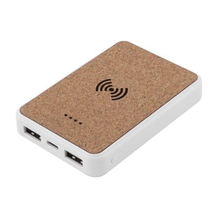 Powerbank et chargeur sans fil recyclé, détails en liège 5W