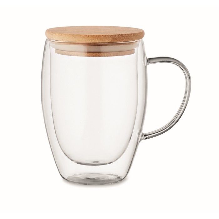 Mug à anse en verre double paroi, couvercle en bambou 300 ml