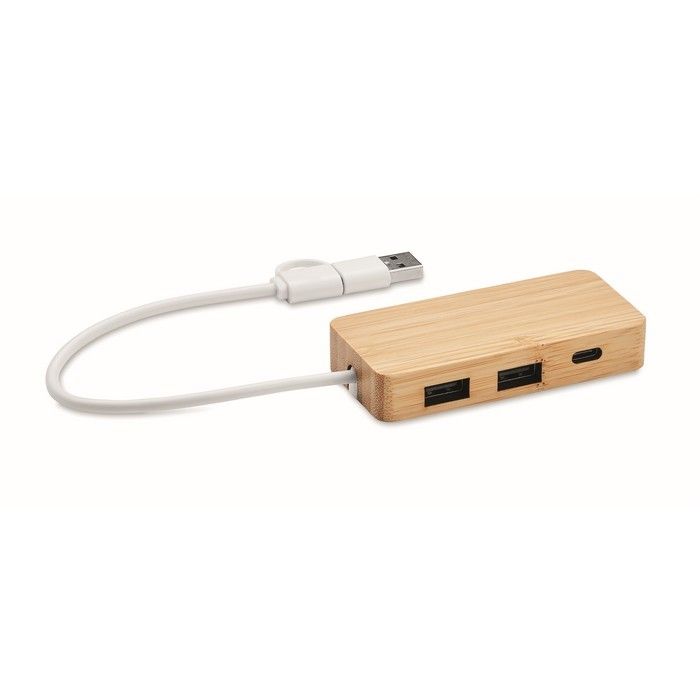 Hub USB en bambou avec 3 ports et câble de 20 cm