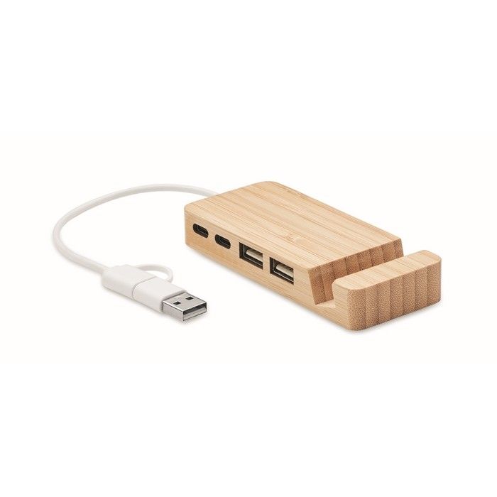 Hub USB en bambou avec 4 ports et câble de 20 cm
