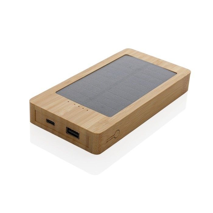 Powerbank 100% bambou avec panneau solaire 10 000 mAh couleur marron avec zone d'impression
