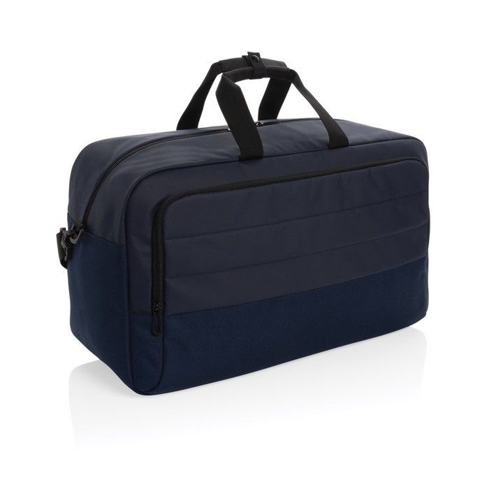 Sac de voyage en RPET à grand compartiment et sangle trolley couleur bleu marine avec zone d'impression
