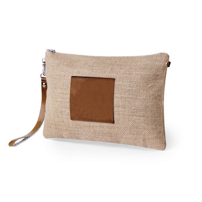 Trousse en jute à cadre central en similicuir et dragonne