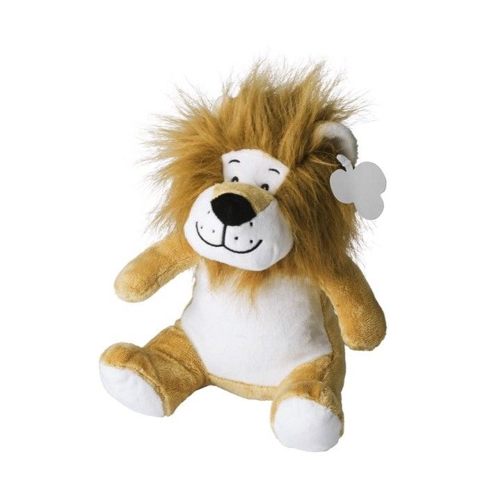 Lion en peluche avec yeux brodés, étiquette personnalisable
