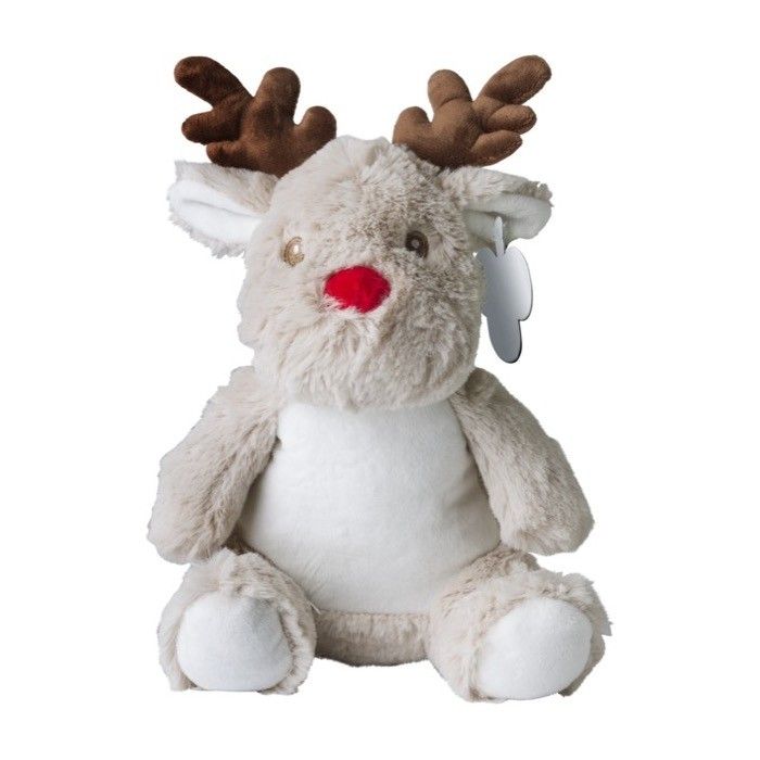 Renne gris en peluche pour enfants avec logo sur étiquette