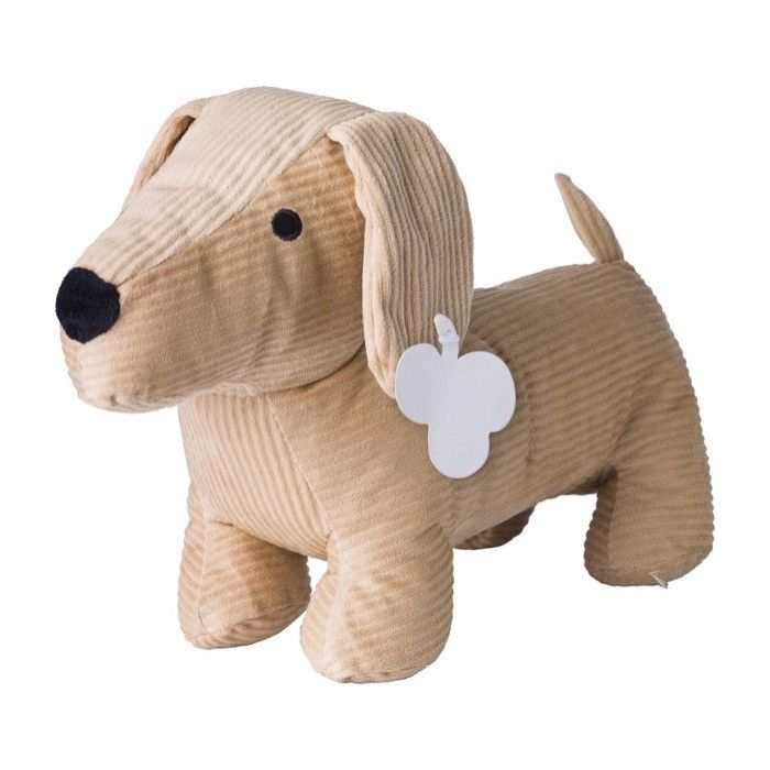 Chien en peluche en velours côtelé, yeux brodés et étiquette