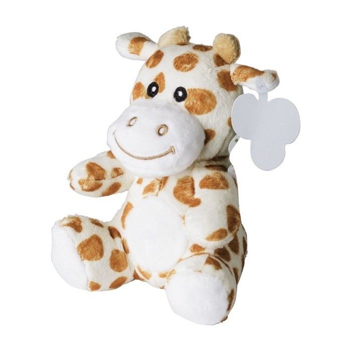Petite girafe en peluche, yeux cousus, étiquette imprimable
