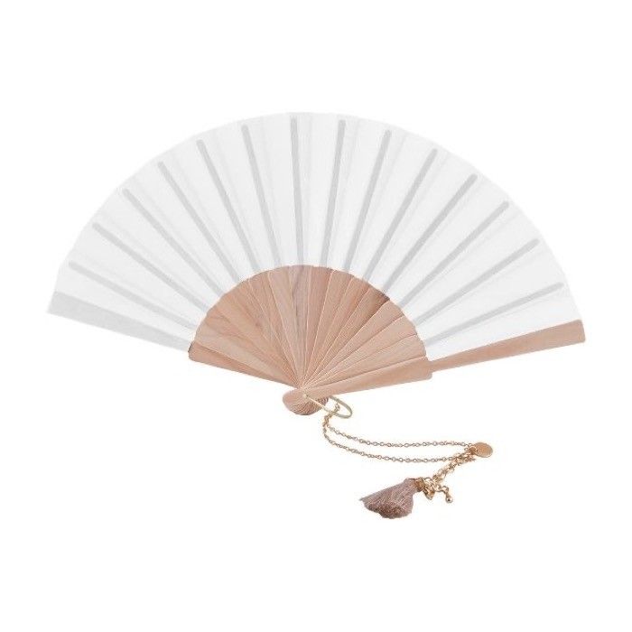 Eventail de 23 cm avec bracelet doré et pompon décoratif