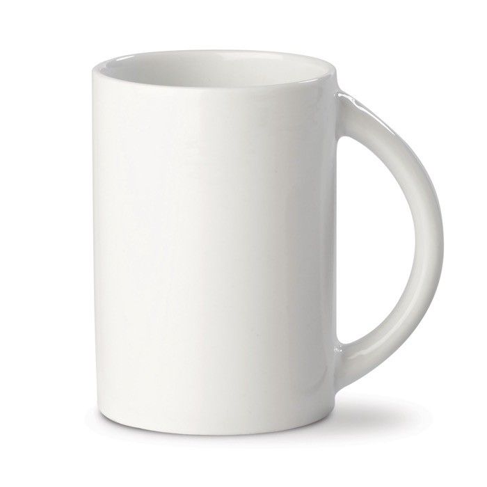 Tasse en porcelaine blanche poignée demi-cercle fabriquée en UE 300ml avec zone d'impression