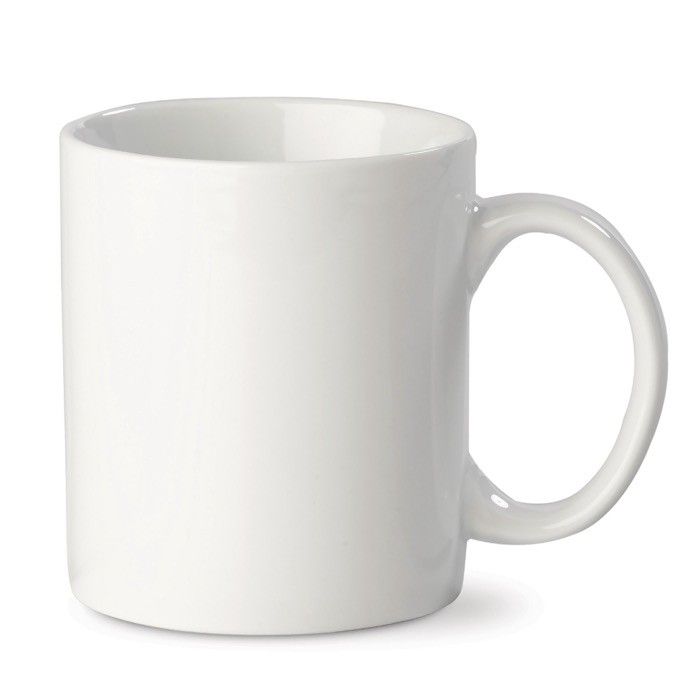 Tasse blanche en porcelaine fabriquée en UE d'une capacité de 300ml avec zone d'impression
