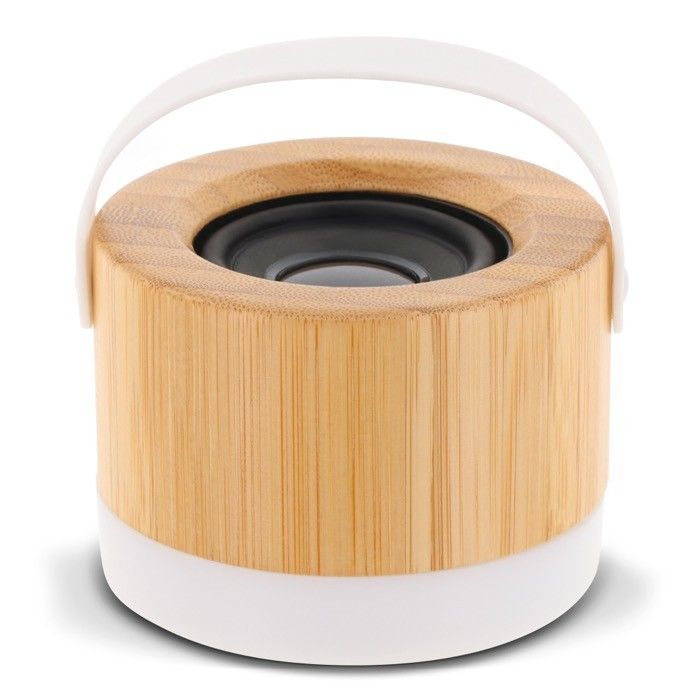 Enceinte sans fil en bambou avec base et anse blanche pour transport avec zone d'impression