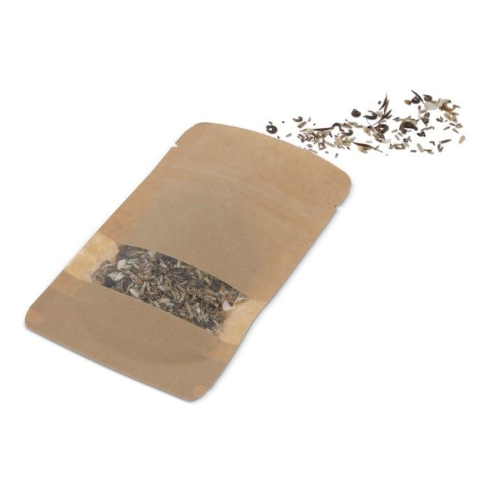 Sachet de graines de fleurs présentées dans un sac en papier kraft avec zone d'impression