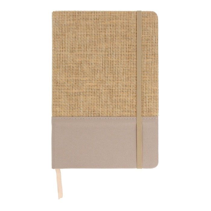 Carnet en jute et RPET avec détail coloré à la base et pages lignées avec zone d'impression