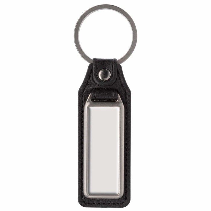 Porte-clés rectangulaire en métal avec mousqueton et cuir synthétique avec zone d'impression