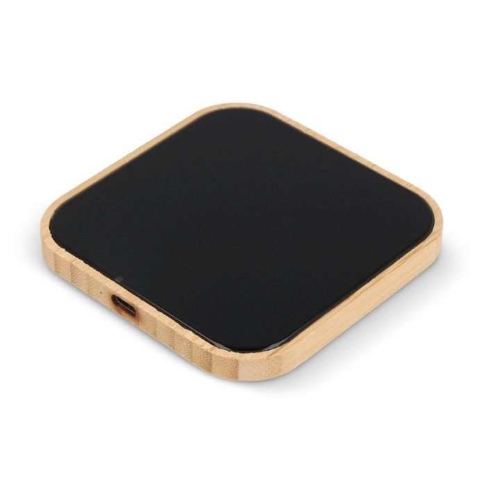 Chargeur sans fil carré en bambou et verre noir 10W avec zone d'impression